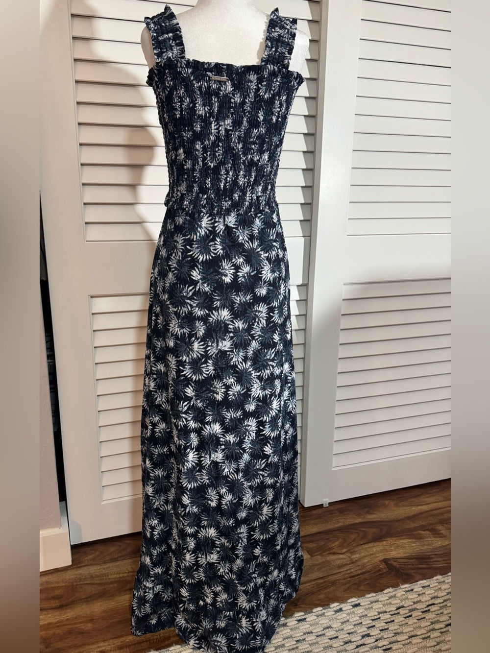 Michael Kors Navy and White Botanical Smocked Maxi Dress